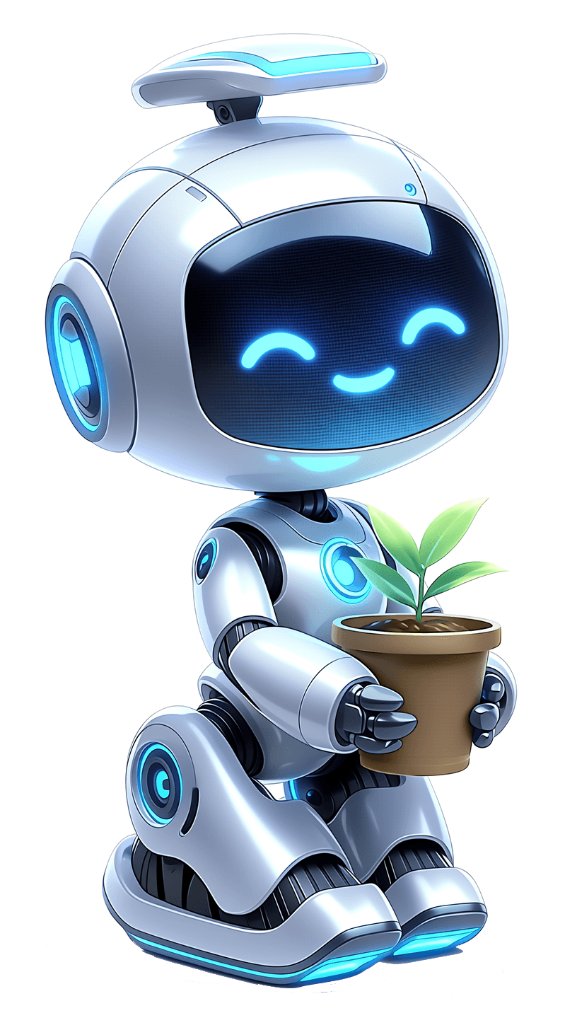 Mascote da Horizon, um robô segurando um vaso com uma muda